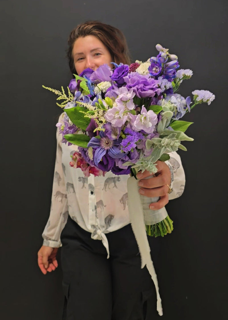 bride mauve lavender bouquet of purple flowers bridal wedding prom garden style