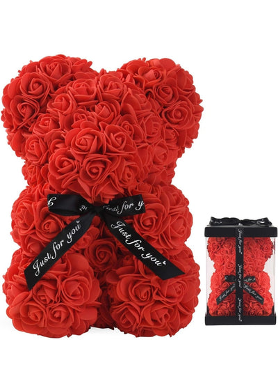 Red rose teddy bear with a rose clear transparent gift box artificial 