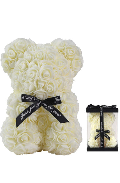 White rose teddy bear with a black ribbon in a  gift box 