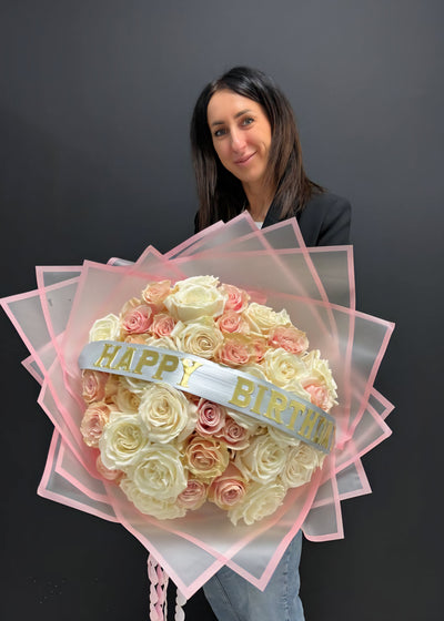  large bouquet of roses with 'Happy Birthday' sign white and pink Hamilton Stoney creek fast delivery Ancaster