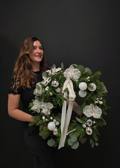 Christmas wreath fresh decorative   evergreen noble fir cedar pine silver ornaments 