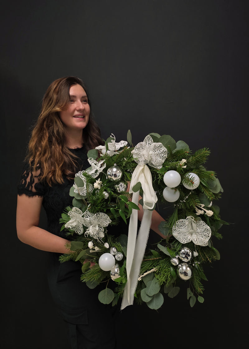 Christmas wreath fresh decorative   evergreen noble fir cedar pine silver ornaments 